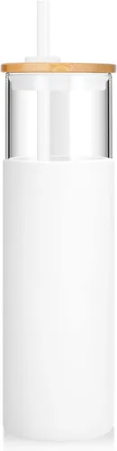 Vista 22 de Tronco Vaso de vidrio de 28 onzas con tapas y pajilla, taza reutilizable para café helado y vaso para batidos con tapa de bambú, funda de silicona