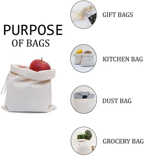 Vista 5 de Bolsas de muselina de algodón de alta calidad, 100% algodón orgánico con un solo cordón. Bolsas de muselina natural reutilizables y ecológicas