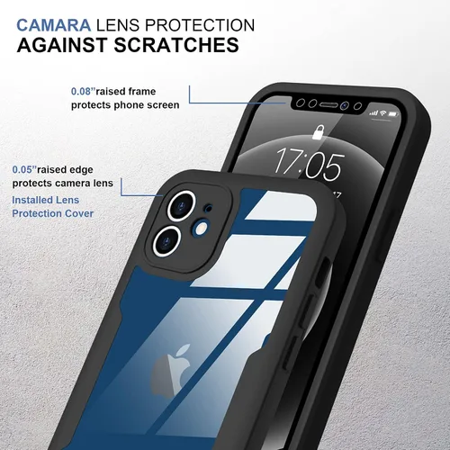 Vista 4 de Carcasa compatible con iPhone 12, diseño transparente, color negro Protector de pantalla integrado a prueba de golpes antiarañazos resistente