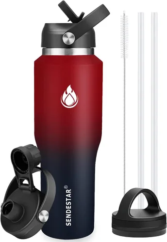 Vista 11 de SENDESTAR - Botella de agua de 0,9 L, 2 tapas (tapa con pajita), boca ancha de acero inoxidable aislada al vacío, doble pared, mantiene los líquidos