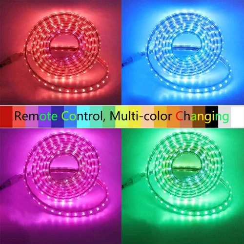 Vista 4 de Tira de luces LED RGB de alto voltaje, CA 110 V-120 V, 60 unidades SMD 5050 LED, control remoto, multicolor cambiante, impermeable, flexible