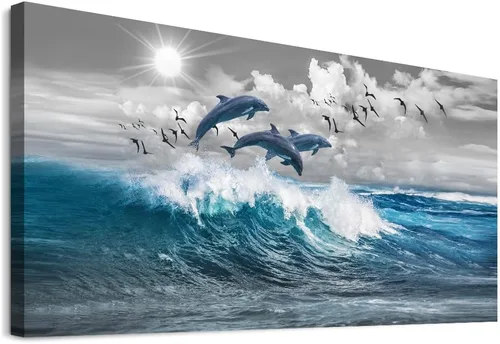 Vista 9 de Lapremoly Decoración de pared para sala de estar, arte de pared grande para dormitorio, olas azules del mar, ilustraciones de pared, oficina