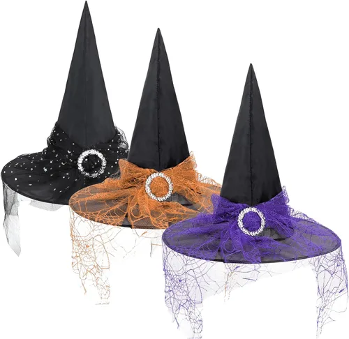 Vista 26 de American Trends Sombrero de bruja de Halloween para mujer, accesorio de disfraz de Halloween de encaje para fiesta