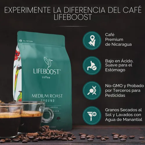 Vista 6 de LIFEBOOST - Café tostado medio molido, sin OMG, baja acidez, certificado como orgánico por el Departamento de Agricultura (USDA), con certificación