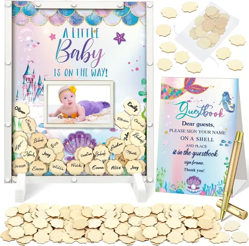 Vista 24 de Beeveer 65 piezas de libro de invitados para baby shower, libro de invitados azul para baby shower, libro de invitados con marco de fotos y 60 chips