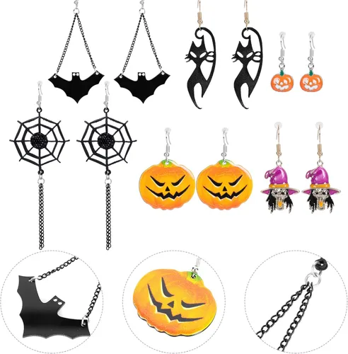 Vista 2 de 6 pares de pendientes de Halloween de la joyería de la calabaza del murciélago del gato de la araña de la oreja de la gota de la oreja de Halloween