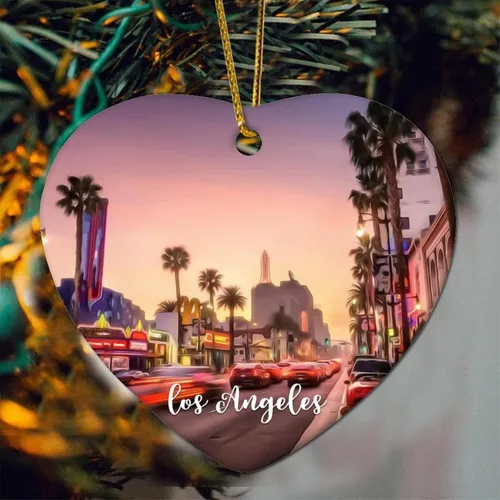 Vista 4 de Escena de la ciudad de Los Ángeles, paisaje urbano, paisaje natural, adorno de corazón, decoración de árbol de Navidad, adorno de Navidad plano
