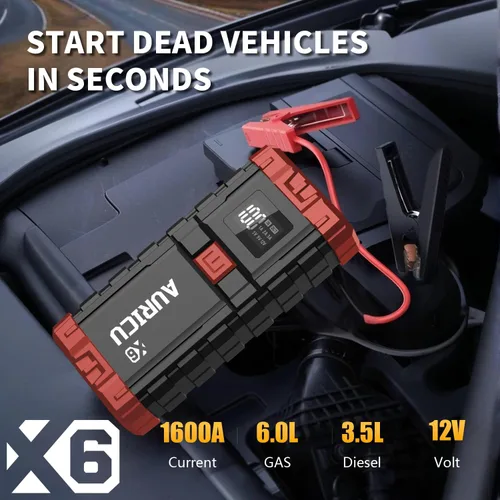 Vista 2 de X6 1600A Jump Starter Paquete de refuerzo de batería de litio de 12 V, caja de salto portátil, banco de energía y cables de puente para motores