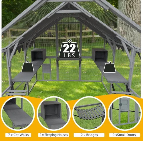 Vista 6 de Catio grande de madera para exteriores de 110 pulgadas, recintos para gatos al aire libre, cubierta resistente a la intemperie, dos puertas