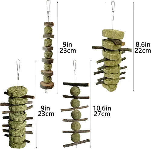 Vista 2 de LWINGFLYER Paquete de 4 juguetes masticables de madera de manzana, jaula de conejo, hierba colgante, bocadillo para moler dientes, mejorar