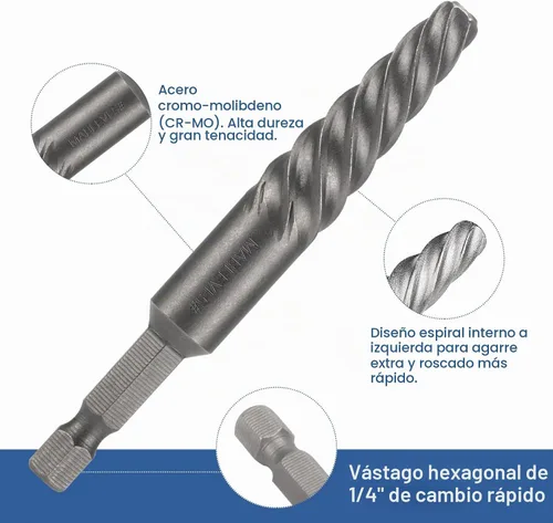 Vista 3 de MABLEVI Juego de Extractor de Tornillos Dañados, Extractor de Pernos Easy Out con Adaptador de Cambio Rápido para Quitar Fácilmente Pernos Rotos
