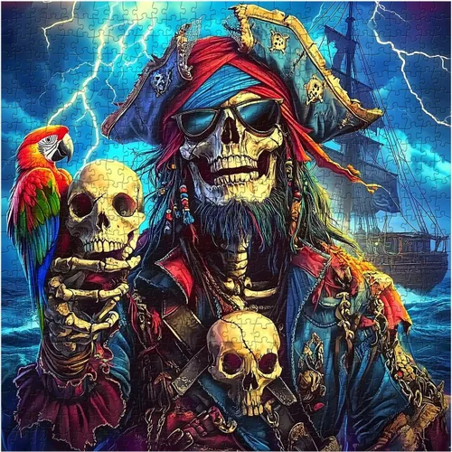 Vista 2 de Rompecabezas de esqueleto pirata para adultos, 1000 piezas, capitán pirata de terror con cráneo loro, escena de tormenta oceánica, rompecabezas