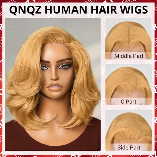 Vista 2 de Peluca de cabello humano rubio miel de 13 x 6 pulgadas, #27, ondulado, densidad 220, 12 pulgadas