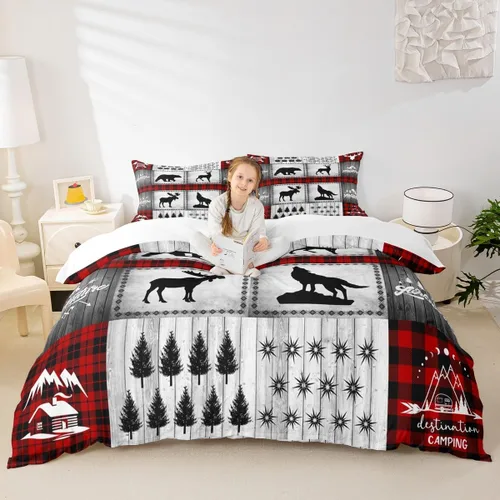 Vista 24 de Juego de funda de edredón para niños de ciervo, oso, lobo, tamaño individual, juego de ropa de cama de cabaña de aventura para niños, niñas
