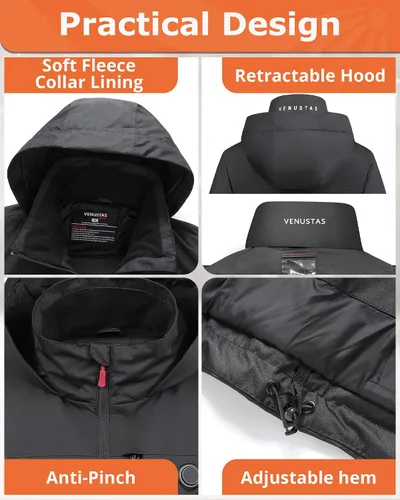 Vista 5 de Venustas Chaqueta térmica Sailing para mujer con batería de 7.4 V y capucha retráctil, abrigos térmicos con cremallera
