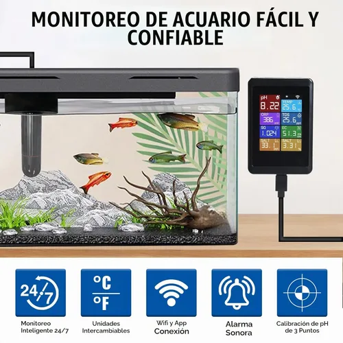 Vista 3 de TEKCOPLUS - Medidor digital de pH con sonda para acuario, hidroponía, piscinas, estanques, laboratorios, 8 en 1, mide pH Temp TDS EC Salinidad ORP