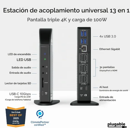 Vista 2 de Plugable Estación de acoplamiento USB C 13 en 1, monitor triple 4K con entrega de energía de 100 W Base USB C para Windows, Mac, ChromeOS