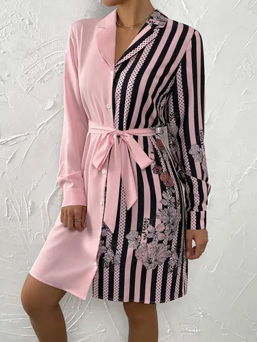 Vista 3 de WDIRARA Minivestido de manga larga con cinturón y rayas florales para mujer