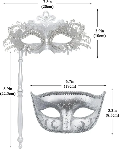 Vista 9 de Coddsmz Juego de máscaras para parejas con palo de sujeción, máscaras venecianas de Halloween, máscaras de Mardi Gras, máscara de disfraz de fiesta
