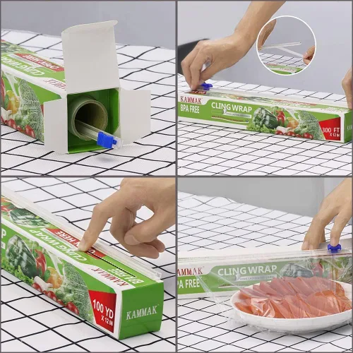 Vista 2 de KAMMAK Envoltura de plástico, envoltura de alimentos con cortador deslizante, envoltura adhesiva de 12 pulgadas, película transparente para servicio