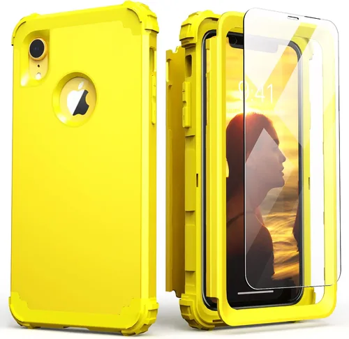 Vista 15 de IDweel Funda para iPhone XR, funda para iPhone XR con protector de pantalla de vidrio templado, 3 en 1, a prueba de golpes, delgada, híbrida, Negro