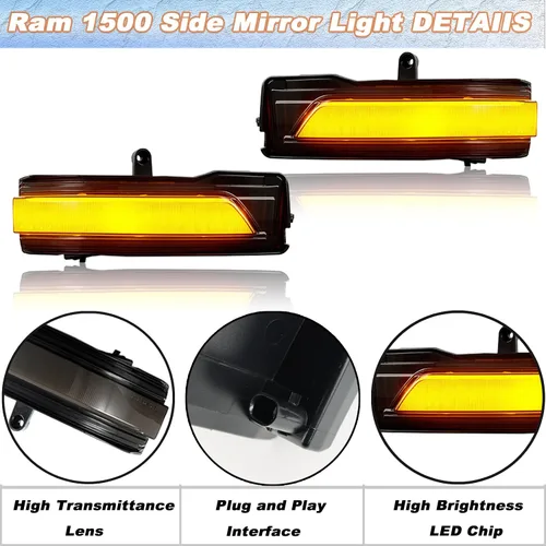 Vista 4 de Espejo lateral dinámico secuencial LED luces de marcador compatibles con Dodge Ram 1500 camioneta Big Horn Rebel Laramie Longhorn Limited TRX