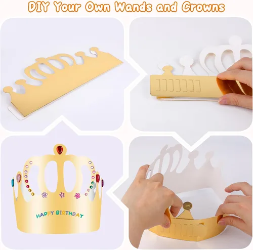 Vista 4 de El kit de varitas de hadas de princesa Pllieay incluye 18 piezas de 6 estilos de varita de princesa de madera sin terminar, coronas de papel dorado