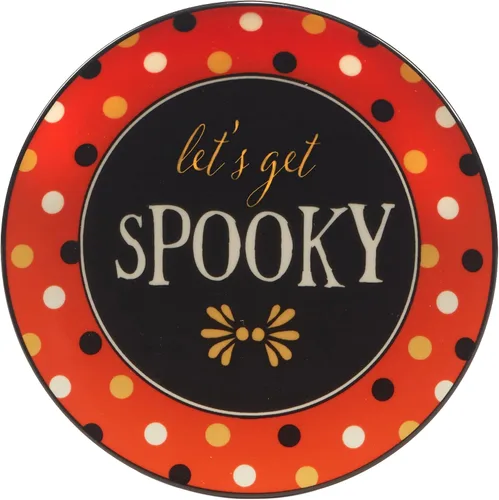 Vista 5 de Spooky - Platos de canapé de Halloween, juego de 4 platos de cerámica de 6 pulgadas con frases festivas: BOO, Let's Get Spooky, Beware & Come In for