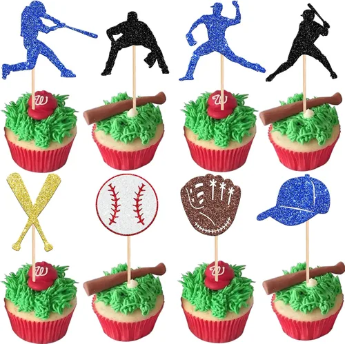 Vista 14 de 24 piezas de adornos para cupcakes de béisbol con purpurina, jugadores de béisbol, temática deportiva, adornos para magdalenas, temática deportiva