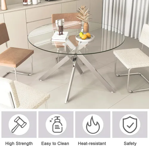 Vista 5 de Juego de mesa de comedor de cristal plateado moderno de 47 pulgadas para 2, juego de mesa de comedor de cocina redonda de 3 piezas con patas
