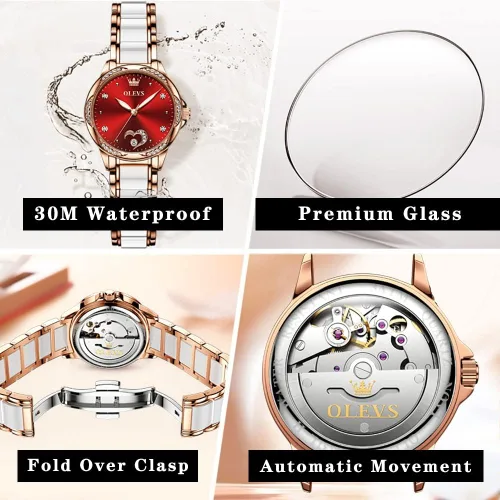Vista 5 de OLEVS Relojes de oro rosa para mujer, relojes automáticos con pulsera de cerámica de acero inoxidable de dos tonos, relojes de cuerda automática