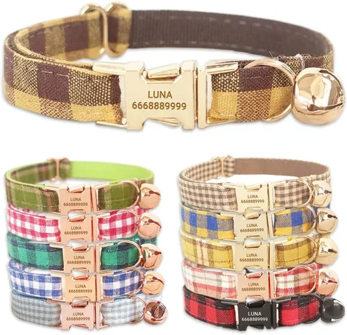 Vista 10 de PETDURO Collares de gato a cuadros personalizados hechos a mano con campana y hebilla de metal grabada con nombre personalizado para gatos lindos