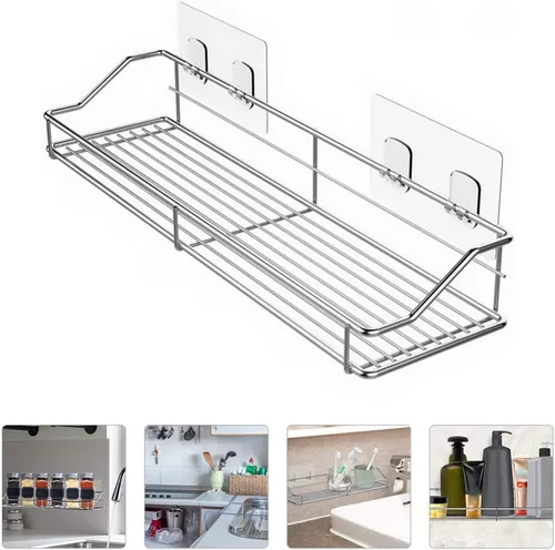 Vista 6 de Hemoton Estante de baño de acero inoxidable para ducha, organizador de cesta de almacenamiento montado en la pared, soporte para cocina, inodoro