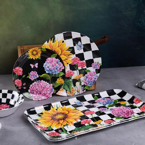 Vista 2 de LEHAHA Bandeja rectangular de melamina con girasol, juego de 2 bandejas de hortensia para servir, 44.5 x 25.5 cm, juegos de bandejas/platos Floral