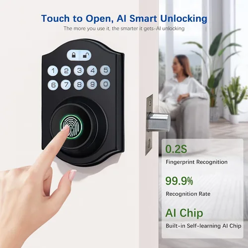 Vista 3 de Cerradura inteligente de puerta de huellas dactilares, cerrojo de entrada sin llave con teclado electrónico, control de aplicación Bluetooth, Negro