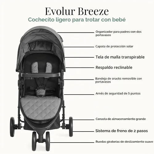 Vista 5 de Cochecito Evolur Breeze en gris, respaldo y techo ajustables, cochecito compacto plegable ligero para bebé/niño pequeño con canasto de almacenamiento