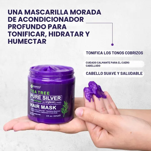 Vista 4 de KESMEDIK Máscara para el cabello morado de árbol de té, fórmula plateada pura para tonos amarillos cobrizos, acondicionador profundo con árbol de té