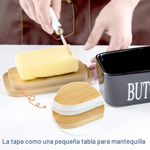Vista 6 de Hasense Porcelain Butter Dish with Lid, Knife & Seal for Countertop Black Negro
