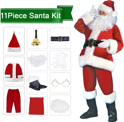 Vista 2 de Traje de Papá Noel de lujo para hombre, 11 piezas de Navidad para adultos, disfraz de Papá Noel para fiesta, cosplay, juego de disfraces