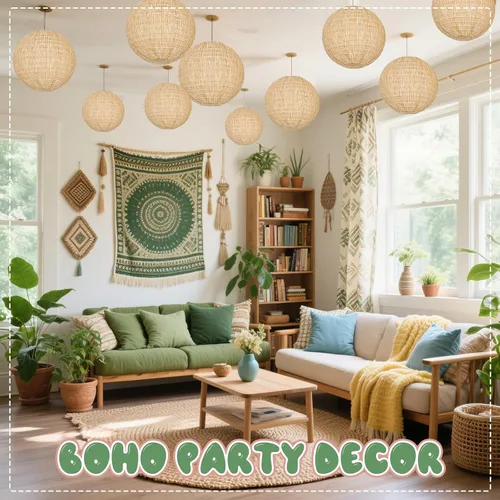 Vista 7 de 10 linternas de papel bohemias neutras de 10 pulgadas Decoración colgante de arpillera rústica para bodas, baby shower, dormitorio, patio en casa