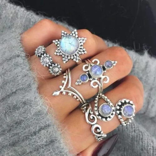 Vista 2 de Missgrace Anillos apilables bohemios para nudillos para mujeres, adolescentes y niñas, estilo bohemio, vintage, geométrico, cristal, 11