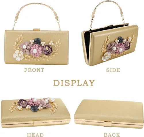 Vista 2 de Bolso de mano floral para mujer, bolso de noche con flores, para novia, boda, baile de graduación, bolsos de hombro para mujer, Oro