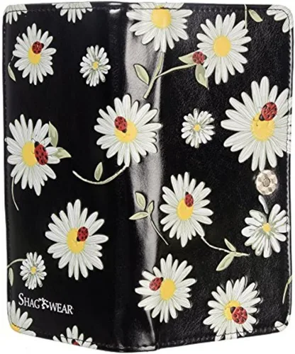 Vista 3 de Shag Wear Cartera de mano vegana con cremallera para mujer, con bonitos diseños de naturaleza, Margaritas y mariquitas, negro, Cartera de viaje