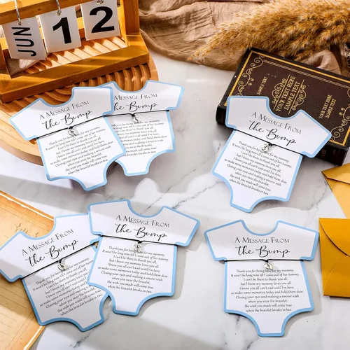 Vista 3 de Henoyso Juego de 25 pulseras de baby shower para invitados, niños y niñas, regalos de fiesta con mensaje ajustable de The Bump Card, pulseras de Azul