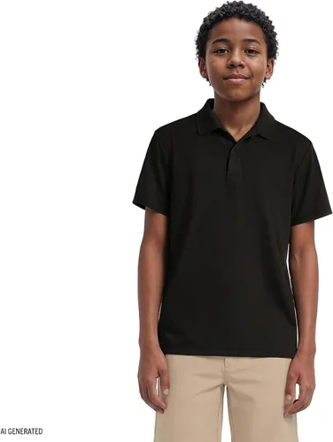 Vista 2 de Izod Camisa polo de manga corta para uniforme escolar para niños, cierre de botón, material de rendimiento que absorbe la humedad Negro