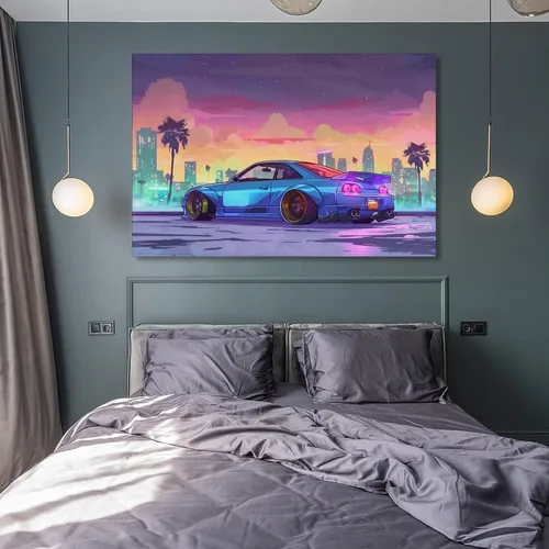 Vista 8 de Synthwave Vaporwave R32 - Póster de animé de palmera Jdm para automóvil, decoración de pared, pósteres e impresiones para dormitorio, sala de estar