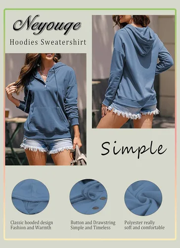Vista 25 de NEYOUQE Sudaderas de moda para mujer, para otoño e invierno, con botones de un cuarto, sudaderas casuales de moda con cuello redondo