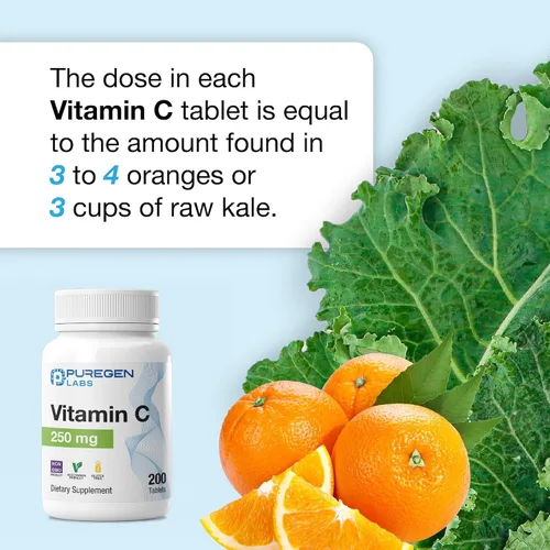 Vista 4 de Puregen Labs Vitamina C de 250 mg apoya un sistema inmunológico saludable y protección antioxidante, sin OMG, sin gluten, fabricado en Estados