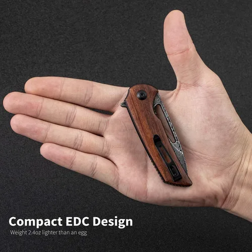 Vista 4 de CIVIVI Odium - Cuchillo plegable pequeño de Damasco, cuchillo de bolsillo flipper de 2.65 pulgadas para EDC y camping, mango de madera Cuibourtia