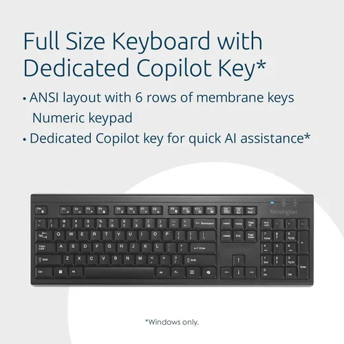 Vista 5 de Kensington KB270 EQ Teclado inalámbrico recargable, tamaño completo, a prueba de derrames, conexión Bluetooth 5.0 y 2.4 GHz, compatible con Windows